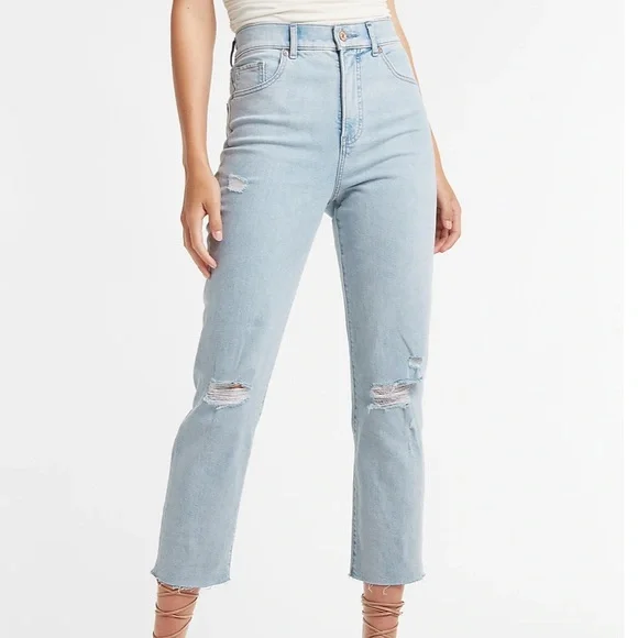 Express Super High Waisted Ripped Raw Hem Mom Jean